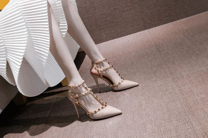 Riveted Nude High Heel Sandals for Women in Summer 2024, New Slim Heeled Pointed Fashion Sexy Back Empty Women's Sandals
