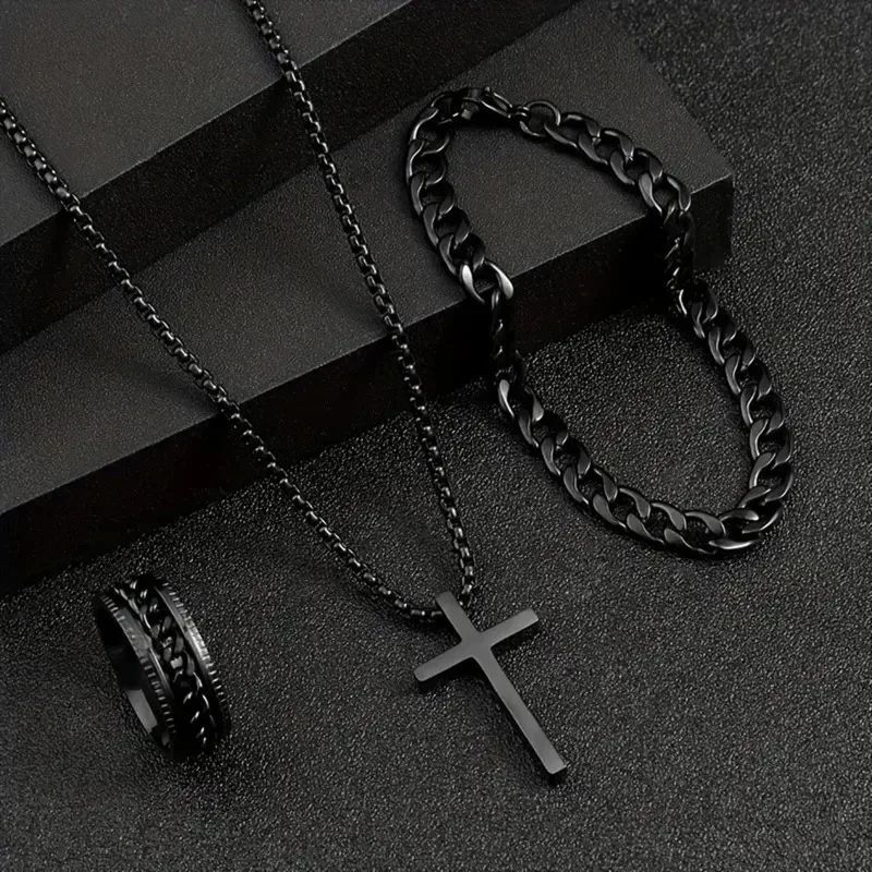 Conjunto 3 Peças Masculino de Aço Inoxidável Colar com Pingente de Cruz, Pulseira e Anel Joias Masculinas Acessórios Hip Hop para Uso Diário