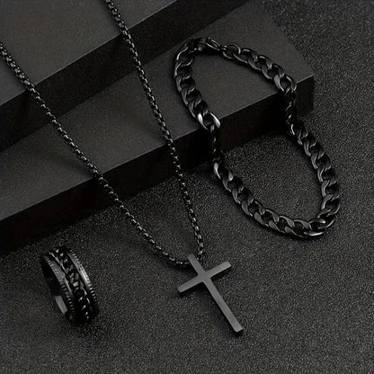 Conjunto 3 Peças Masculino de Aço Inoxidável Colar com Pingente de Cruz, Pulseira e Anel Joias Masculinas Acessórios Hip Hop para Uso Diário