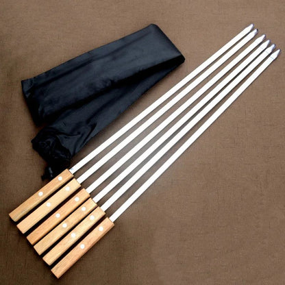 6Pcs/Set Barbecue Meat String Skewer Chunks of Meat Stainless Steel Natural Beech Handle Roast Stick for BBQ Outdoor Picnic
