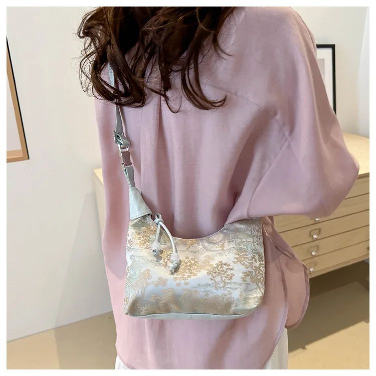 Sweet Embroidery Shoulder Bag Nylon Texture Pearl Pendant Crossbody Bag Small Bucket Handbag Women Canvas Luxury Cheongsam Bag