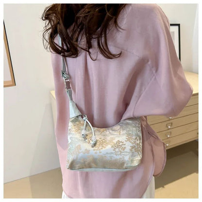 Sweet Embroidery Shoulder Bag Nylon Texture Pearl Pendant Crossbody Bag Small Bucket Handbag Women Canvas Luxury Cheongsam Bag