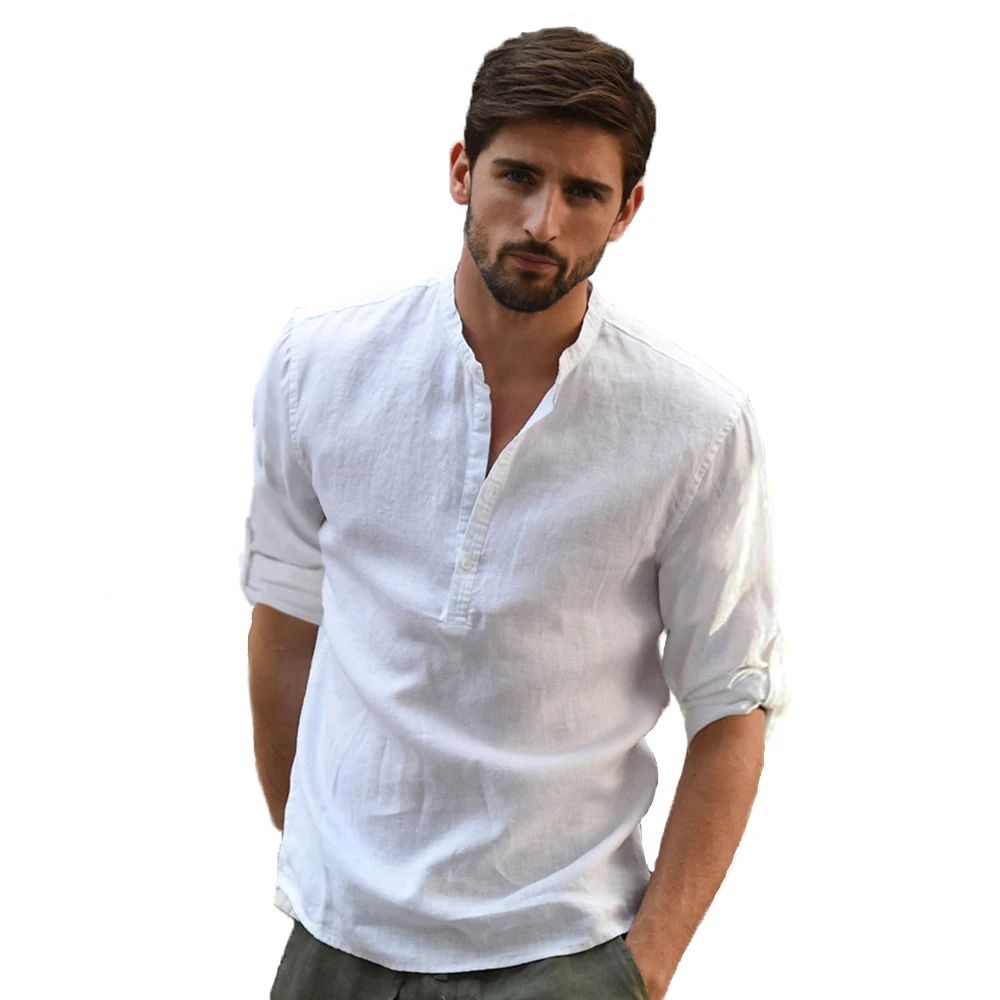 Cotton Linen Hot Sale Men's Long-Sleeved Shirts Summer Solid Color Stand-Up Collar Casual Beach Style Plus Size Linen Man Tops