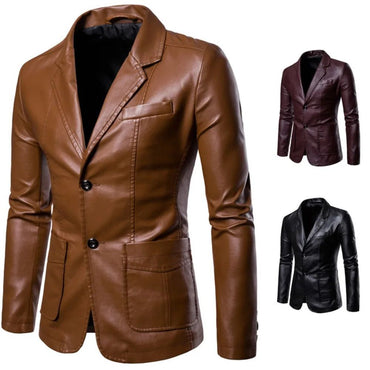 Spring Autumn New Men's Trendy Lapel Leather Dress Suit Coat Slim Fit Windproof Jacket Male Business Casual Pu Blazers Jacket