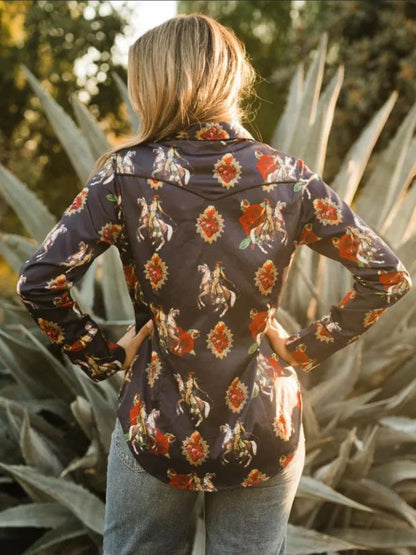 2025 New Women's Slim Fit Long Sleeve Shirt Western Cowboy Ethnic Streetwear Print Collared Denim Button up Fashionable Top