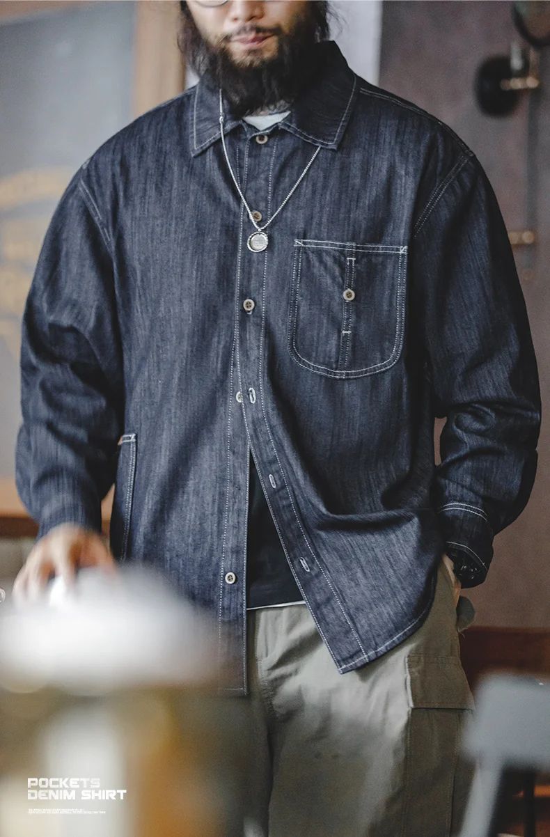 Maden Vintage Washed Pockets Denim Shirt for Men Casual Button Down Long Sleeve Shirt Male Loose Workwear Tops Large Pocket
