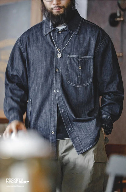 Maden Vintage Washed Pockets Denim Shirt for Men Casual Button Down Long Sleeve Shirt Male Loose Workwear Tops Large Pocket