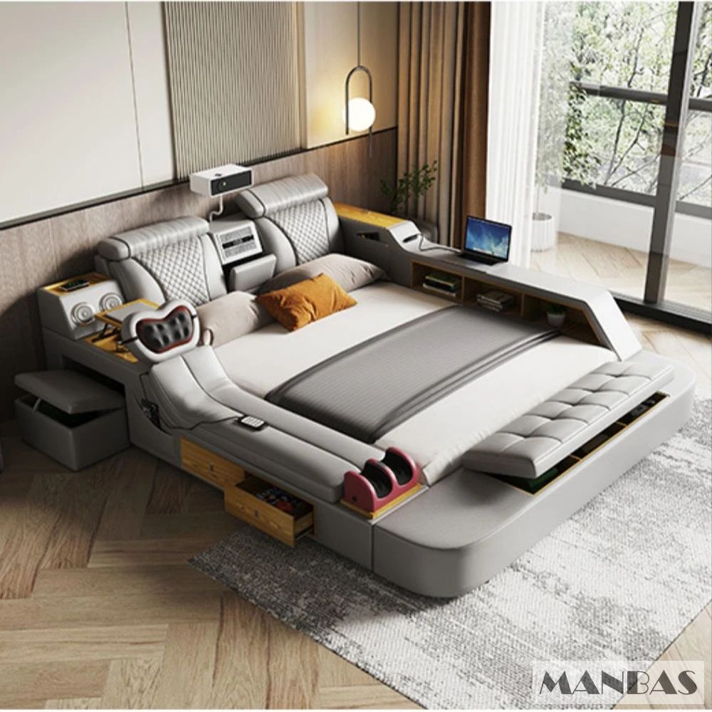 Linlamlim Ultimate Multifunctional Bedframe - Tech Smart Bed with Genuine Leather, Massage, Speaker, Projector, Air Purifier
