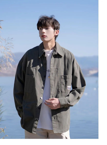 Japanese Series Men's Shirts Casual Vintage Cargo Jacket Top Spring Autumn Solid Blouses Single Breasted Male Clothes Streetwear