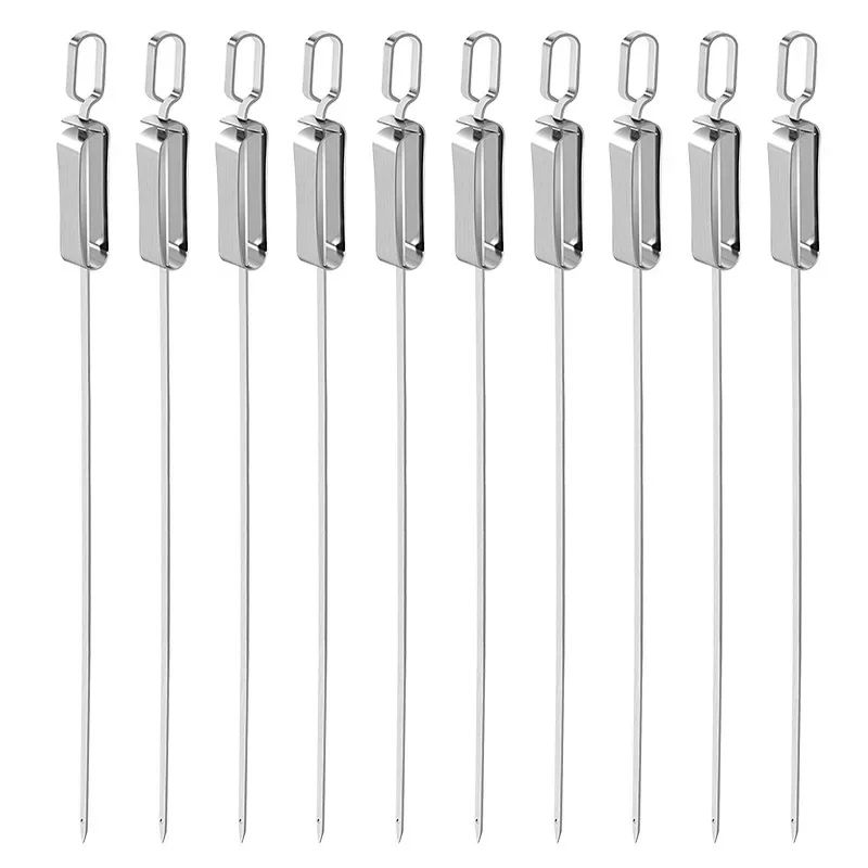 Stainless Steel BBQ Skewers – Flat Metal Kebob Sticks for Grilling Meat Vegetables, with Quick Release Metal Sliding Handle