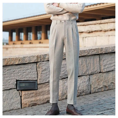 Men's Neapolitan High Waist Autumn Winter Woolen Trousers Straight Leg Drapey No Iron Business Pants Casual Scene