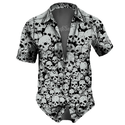 Men's casual Hawaiian lapel 3D horror skull retro printed button short sleeved shirt