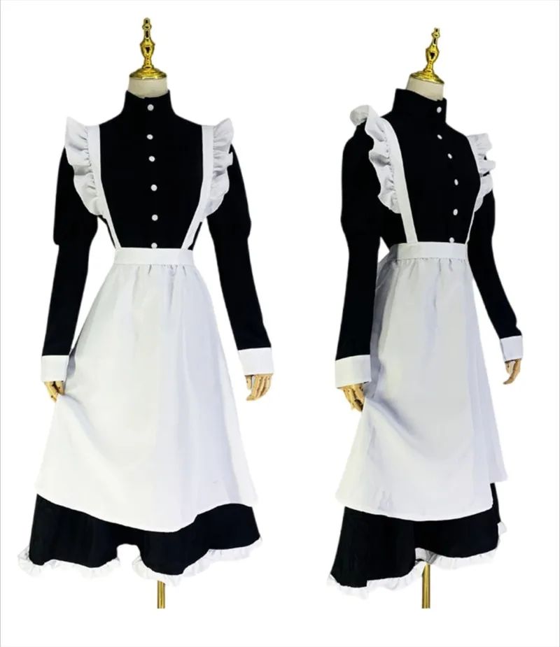 Japanese Style Maid Outfit Black White Long Dress Lolita Unisex Men Women Halloween Costume Uniform Full Set Adults Plus Size
