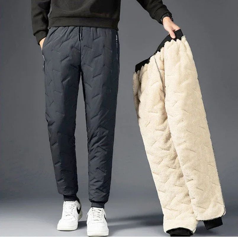 Men Autumn Winter White Duck Down Padded Thermal Sweatpants Elastic Waist Drawstring Pockets Thickened Joggers Pants Streetwear