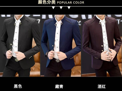 2024 Spring New Men's Stand Collar Casual Suit Jackets Youth Fashion Solid Color Stitching Three Button Mens Blazer Coats