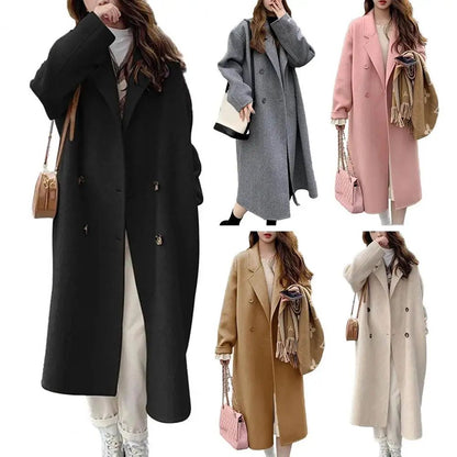 Women Coat Double-Breasted Mid-length Outerwear Lapel Stylish Warm Mid-Length Double Pockets Winter Coat Lady Accessories