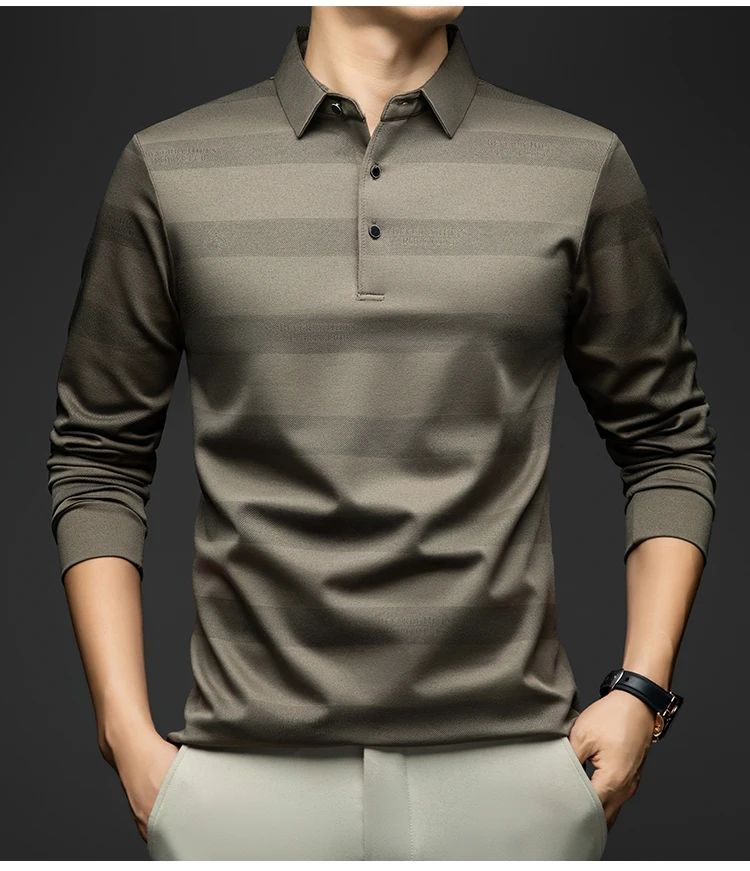 BROWON Elegant Mens Polo Shirts 2025 Spring Autumn Long Sleeve Lapel Collar Big Striped Pattern T-shirt Male New in Tops & Tees