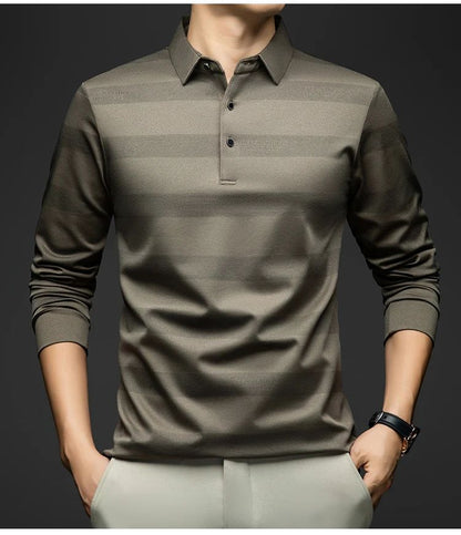 BROWON Elegant Mens Polo Shirts 2025 Spring Autumn Long Sleeve Lapel Collar Big Striped Pattern T-shirt Male New in Tops & Tees