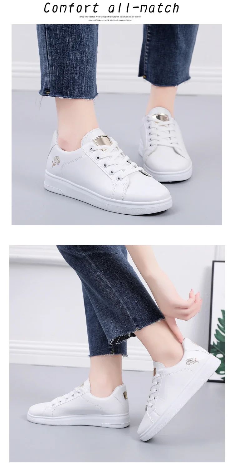 Women Leather Pu Casual Shoes New 2024 Woman Shoes Fashion Embroidered White Sneakers Breathable Flower Lace-Up Women Sneakers