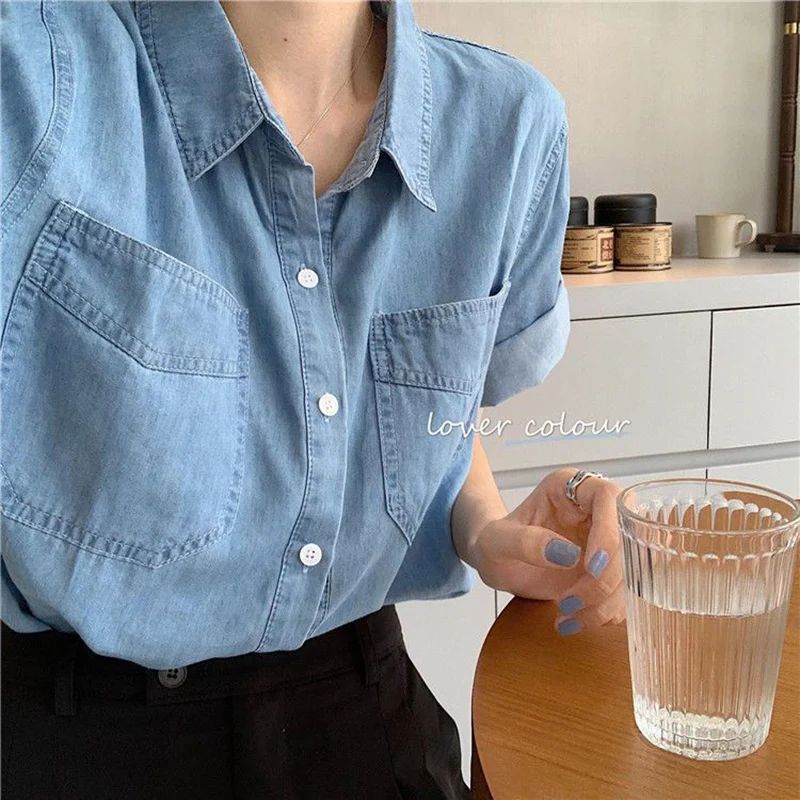 Summer Korean Denim Short Sleeve Shirt Women 2025 Pockets Loose Turn Down Colllar Shirts Woman Chic Single Breasted Jeans Blouse