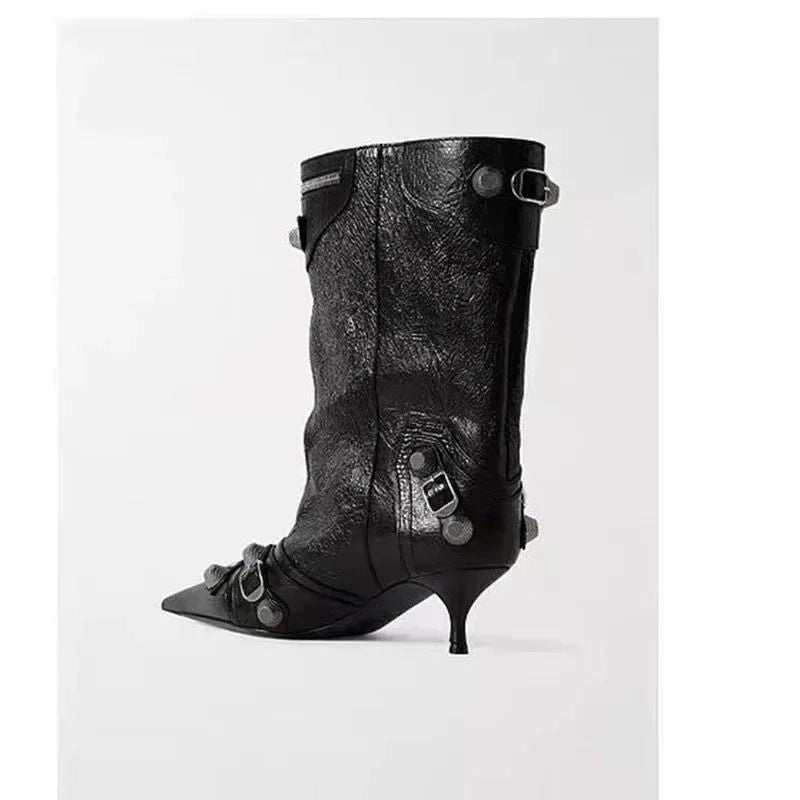 Women's Sexy Stiletto High Heels with Rivet Decoration, Wide Barrel Knee Length Boots, European and American Fashion Show Boots