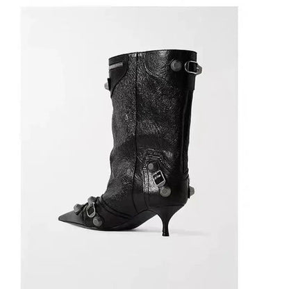 Women's Sexy Stiletto High Heels with Rivet Decoration, Wide Barrel Knee Length Boots, European and American Fashion Show Boots
