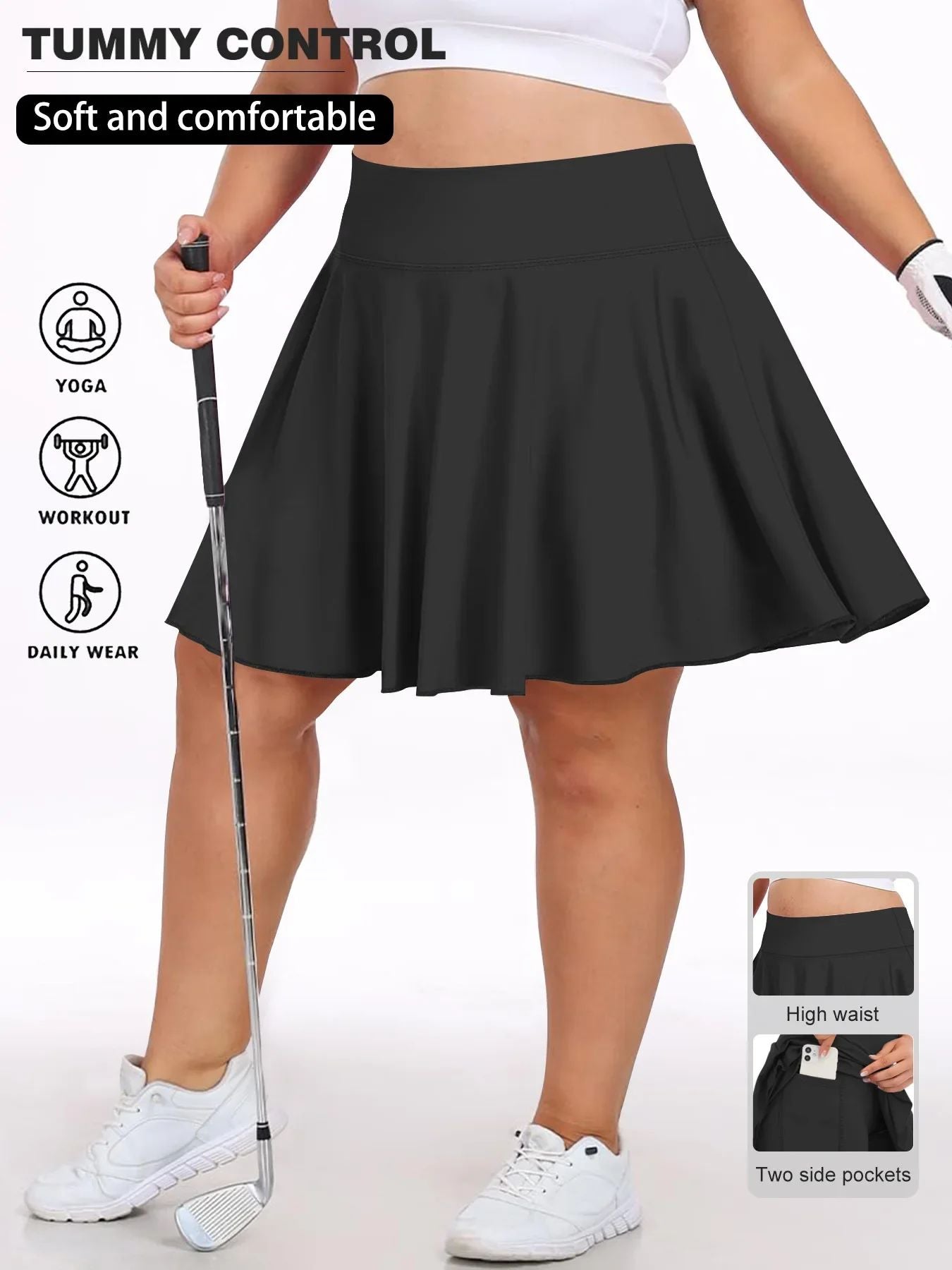 Plus Size Women with Pocket Short Skirt Fitness Short Skirt High Waist Fashion 200lbs Sports Short Skirt Gym Outdoor Solid Skirt