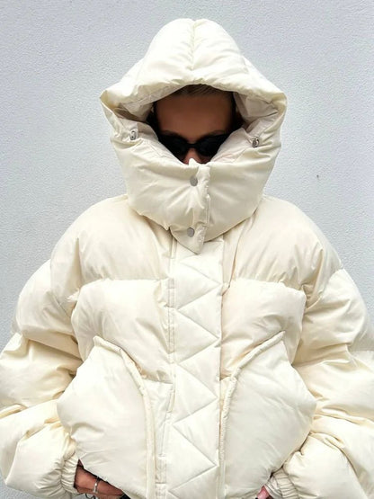 Detachable Hooded Padded Jackets Women's Loose Full Sleeves Zipper Pockets Stand Collar Coats 2025 Autumn Winter Female Outwear