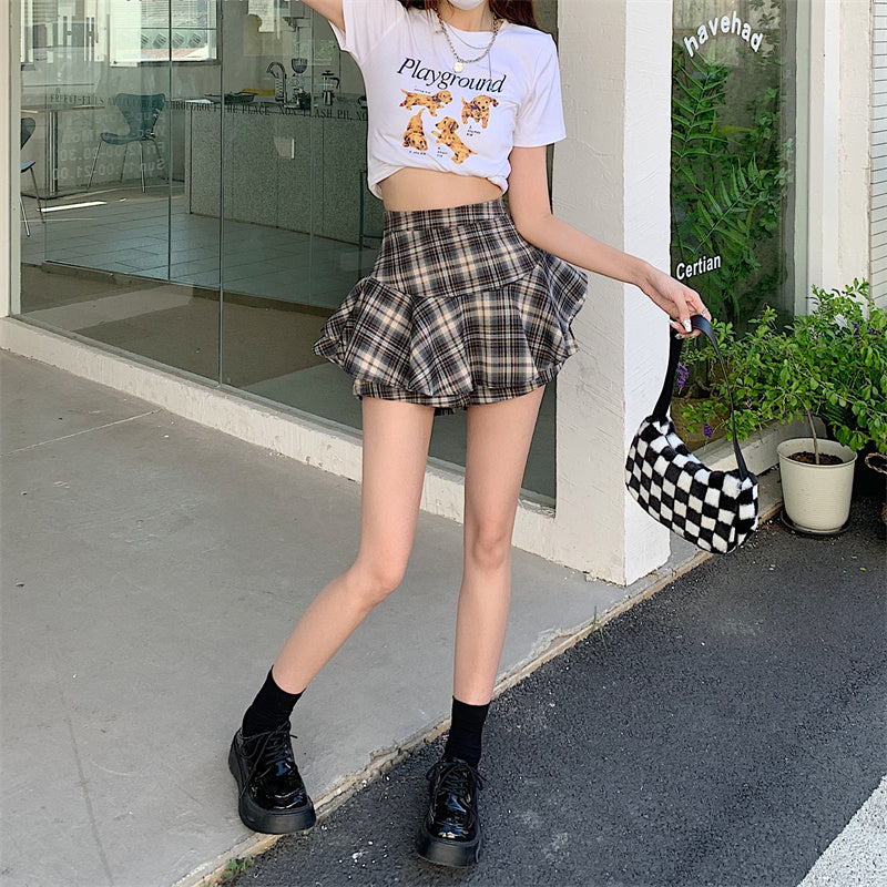 Tiered Mini Skirt Y2K High Waist Tartan Ruffled Plaid Skirt Skort Women Aesthetic Outfit