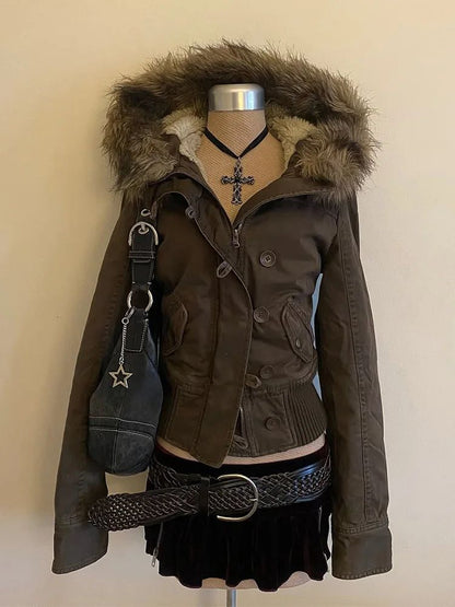 Womens Coffee Brown Fleece Jacket Winter Retro Zipper Cardigan with Button Design Slim Fit for Daily Wear High Quality Outerwear