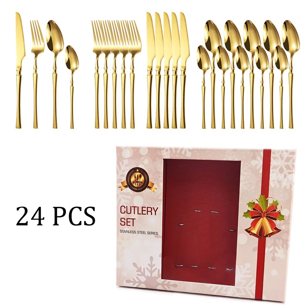 Conjuntos de talheres de Natal 24 peças, aço inoxidável, faqueiro de jantar, faca, garfo, colher de chá, louça de luxo para cozinha, caixa de presente
