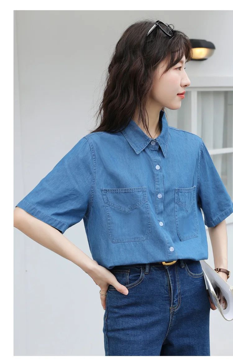 Vintageblueshort Sleeves Thin Denim Shirt 2024 Summer New Casual Loose-Fit Hong Kong Style Petite Top For Women