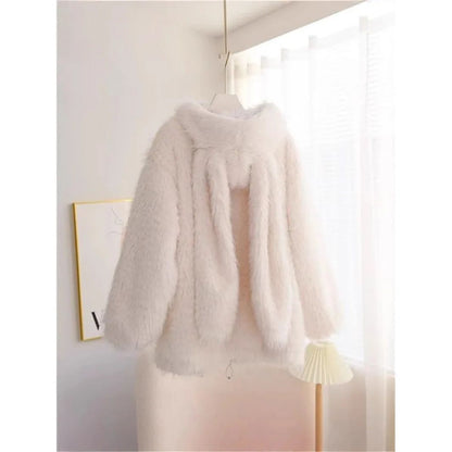 Women's Loose Thickened Lamb Fur Jacket Autumn Winter New Style Cute Rabbit Ear Design Soft Plush Coat Warm Casual Outerwear