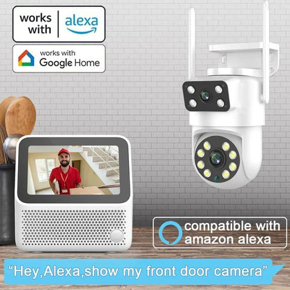 Câmera WIFI PTZ de Lente Dupla Tuya 4K 8MP para Exterior com Tela Dupla Ai Detecção Humana Automática Segurança com Alexa Google