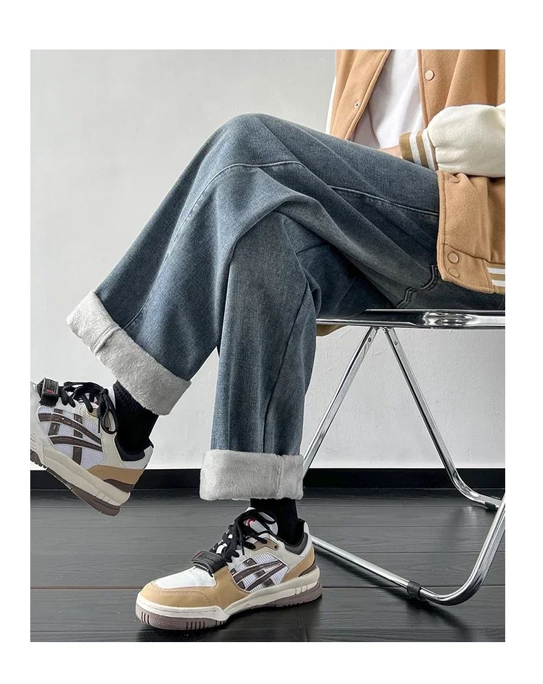 4 Colors Winter Fleece Men's Jeans Baggy Straight Elastic Waist Denim Pants Fashion Korean Thickened Warm Male Thermal Trousers