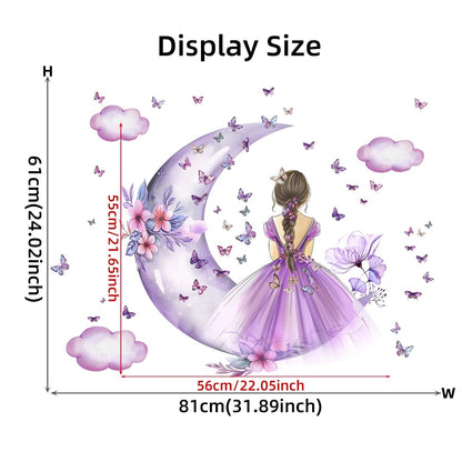 Girl Moon Butterflies Wall Stickers Kid Girls Room Bedroom Decoration Baby Nursery Home Decor Accessories Living Room Wall Decal