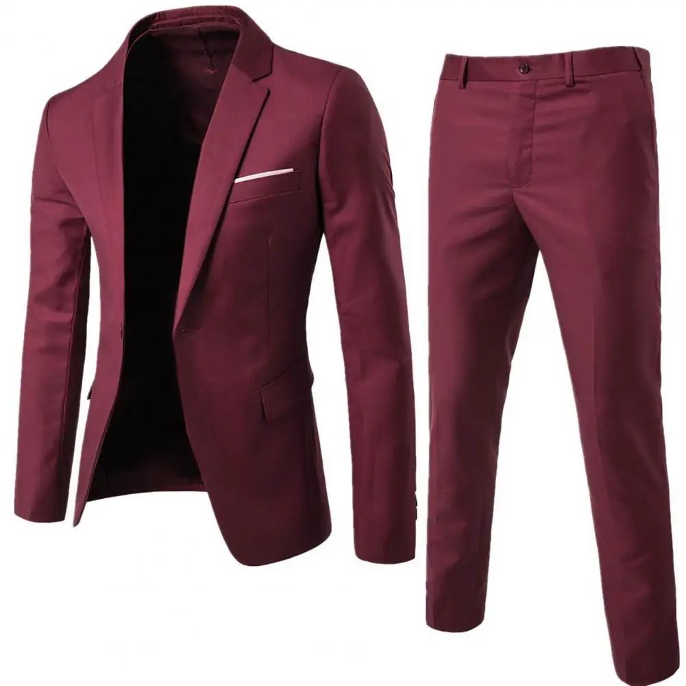 1 Set Trendy Men Suit Anti Deformation Formal Suit Turndown Collar Pure Color One Button Suit Set  Daily Wear