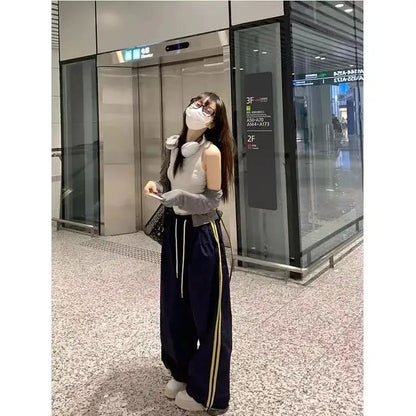 American Sporty Casual Pants Women's Hip Hop Elastic Waist Loose Wide Leg Trendy Cool Girl Quick Dry Pants