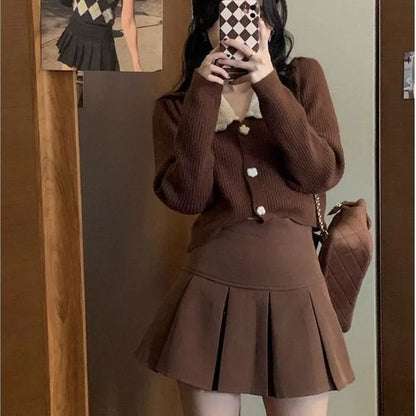 Vintage Brown Pleated Skirt Women Spring Summer Korean Style Y2K High Waisted A-line Mini Skirts Preppy Style Girls Causal