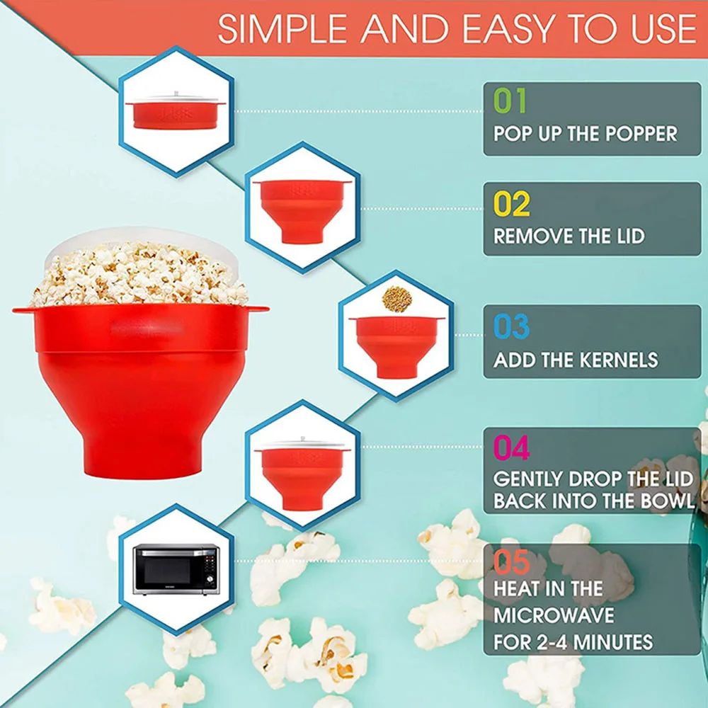 Microwave Silicone Popcorn Maker Food Grade Foldable High Quality Kitchen Easy Tools DIY Make Popcorn Bucket Bowl with Lid Bowls