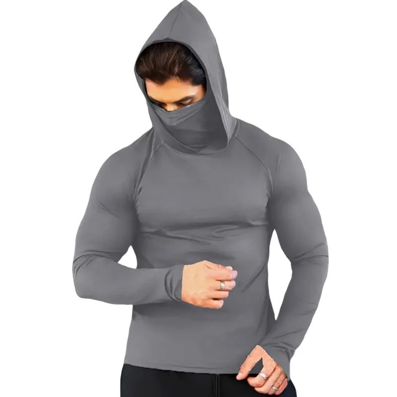 Men Compression t Shirt Soild Casual t-Shirt Long Sleeve Fitness Tops Running Gym t-Shirts Hooded Shirts With Mask Male Clothes
