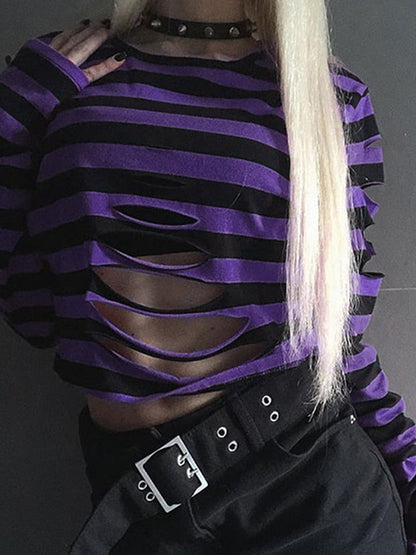 Women's Distressed Crop Tops Gothic Long Sleeve Round Neck Striped Print Loose T-Shirts Halloween Costume