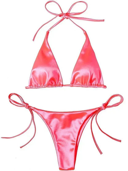Wrap Around Halter Metallic Satin Bikini Women Swimwear Female Swimsuit Two-pieces Bikini Set Brazilian Bathing Suit Swim Lady