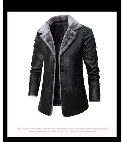 Men's Winter Faux Leather Casual Windbreak High Quality Coat Fur Lined Button Trench Coats Men's Down Lapel Collar Jackets