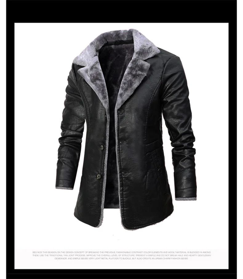 Men's Winter Faux Leather Casual Windbreak High Quality Coat Fur Lined Button Trench Coats Men's Down Lapel Collar Jackets