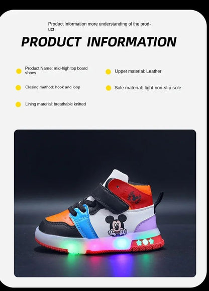 2024 Disney Children's Led Light Shoes Fashion Mickey Mouse Boys Sneakers Girls Cartton Casual Shoes Breathable Kids Sport Shoes
