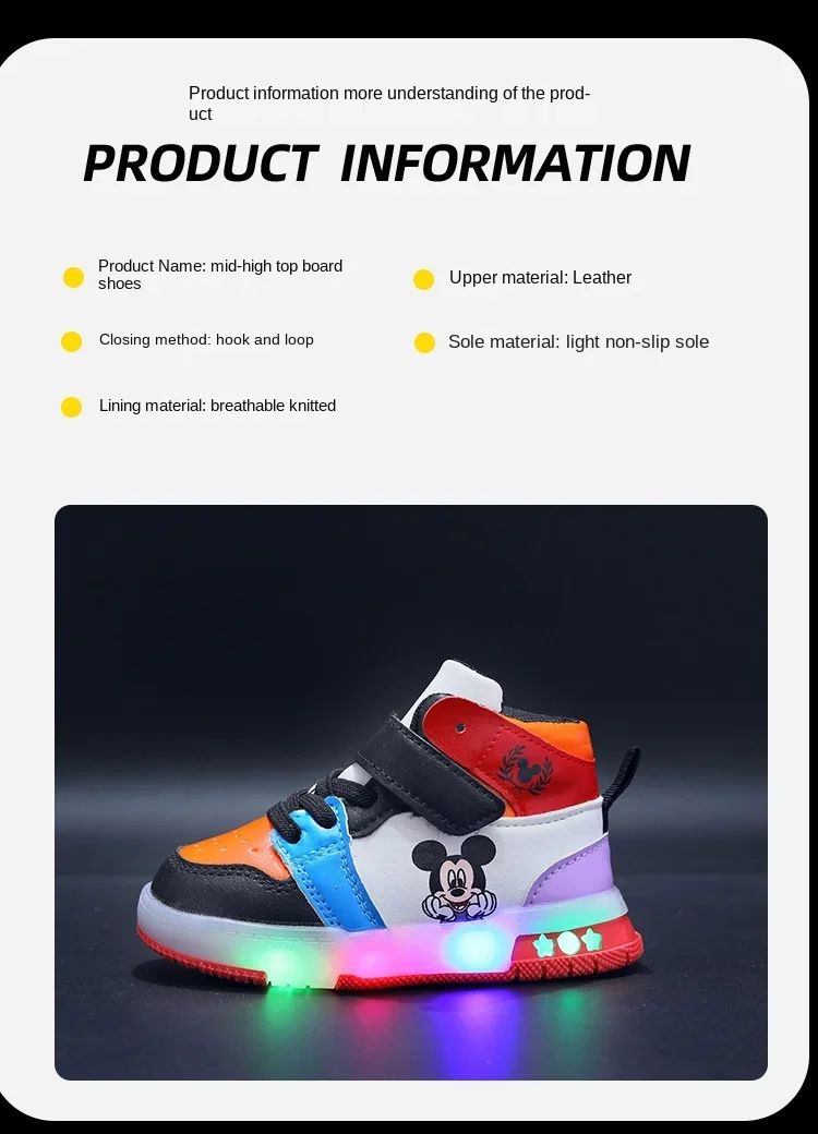 2024 Disney Children's Led Light Shoes Fashion Mickey Mouse Boys Sneakers Girls Cartton Casual Shoes Breathable Kids Sport Shoes