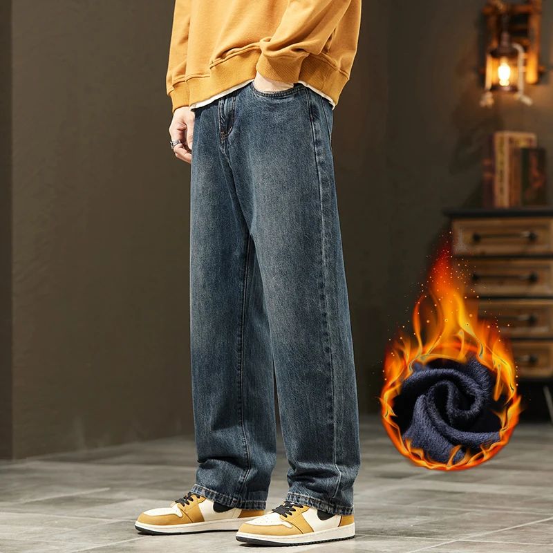 Thick Vintage Jeans Men's Winter Straight Warm Fleece Baggy Thermal Denim Trousers Fashion Korean Wide Male Plush Pants