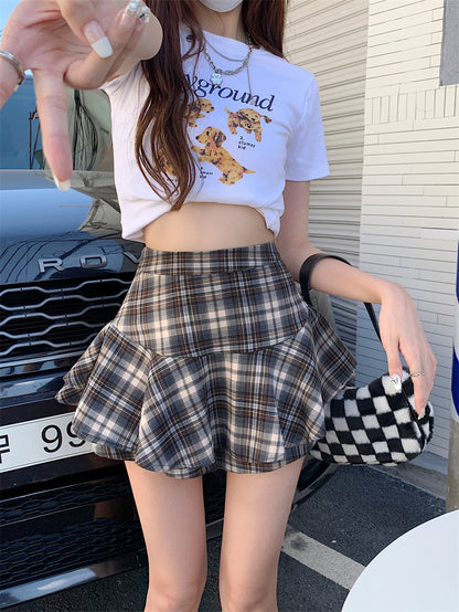 Tiered Mini Skirt Y2K High Waist Tartan Ruffled Plaid Skirt Skort Women Aesthetic Outfit
