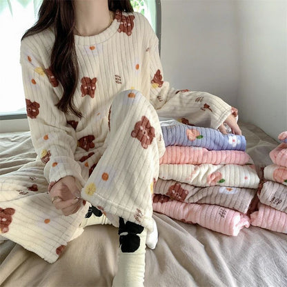 Autumn and Winter Coral Fleece Pajamas Set for Women Warm Lined  Loungewear Cozy Home Sleepwear Christmas Gift